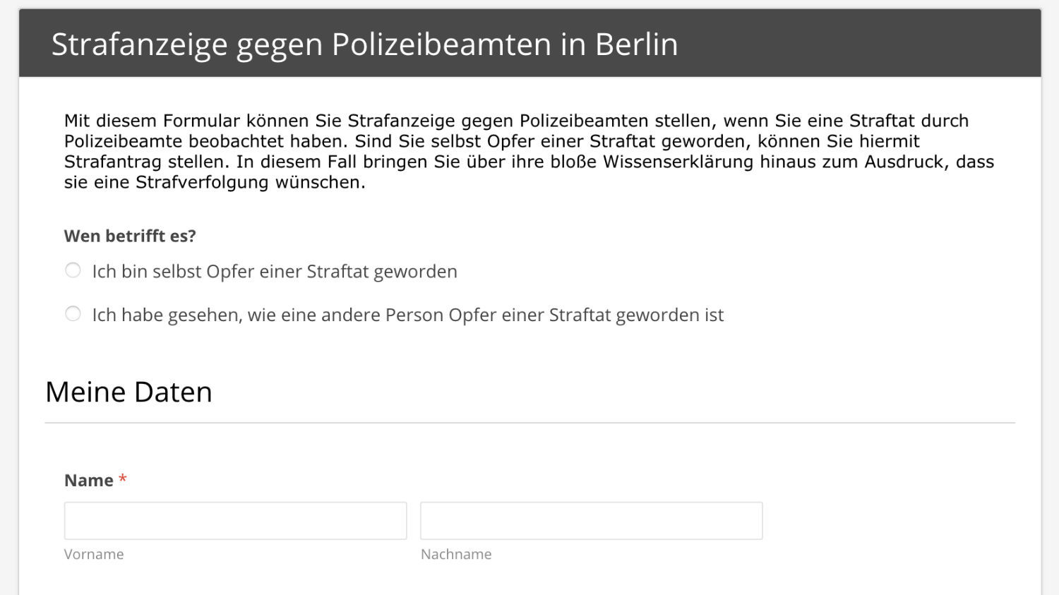 Formular für Strafanzeigen auf der Website von Klagepaten