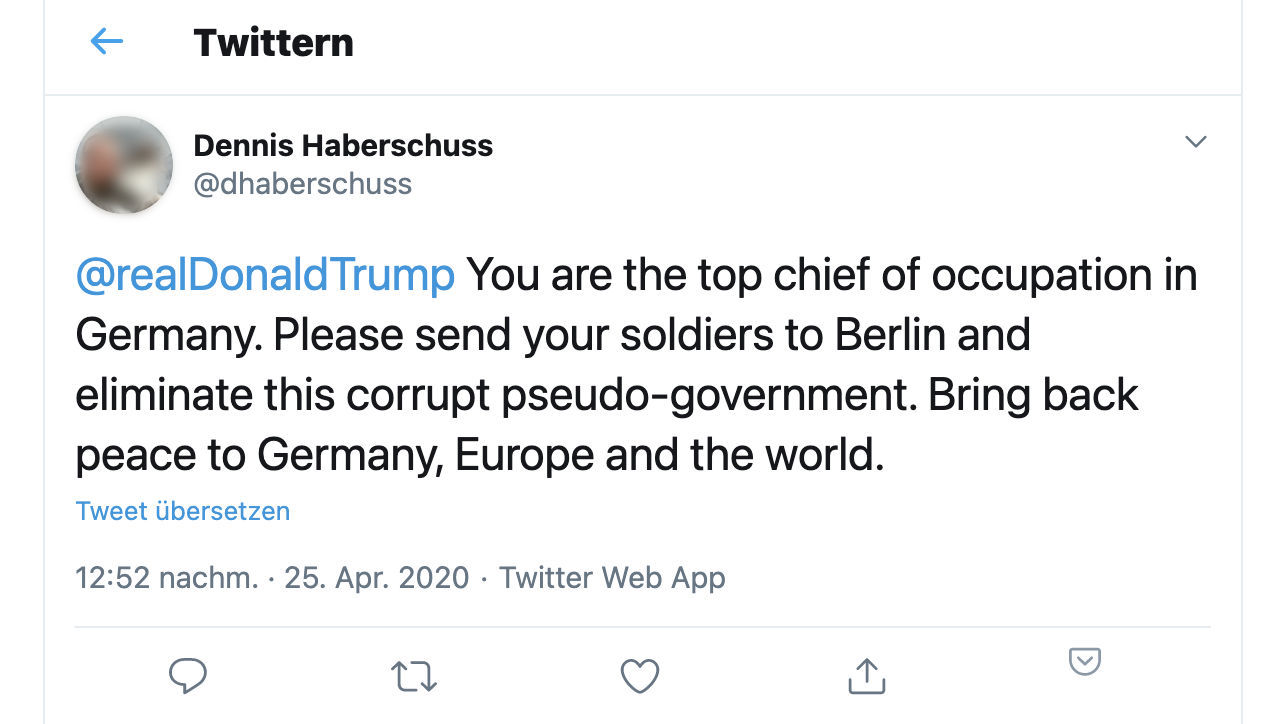 Dennis Haberschuss‘ Tweet an Donald Trump (Foto aus urheberrechtlichen Gründen von der Redaktion unscharf gemacht)