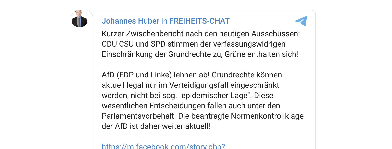 Hubers bislang letzte Chatnachricht in Hildmanns Telegram-Gruppe