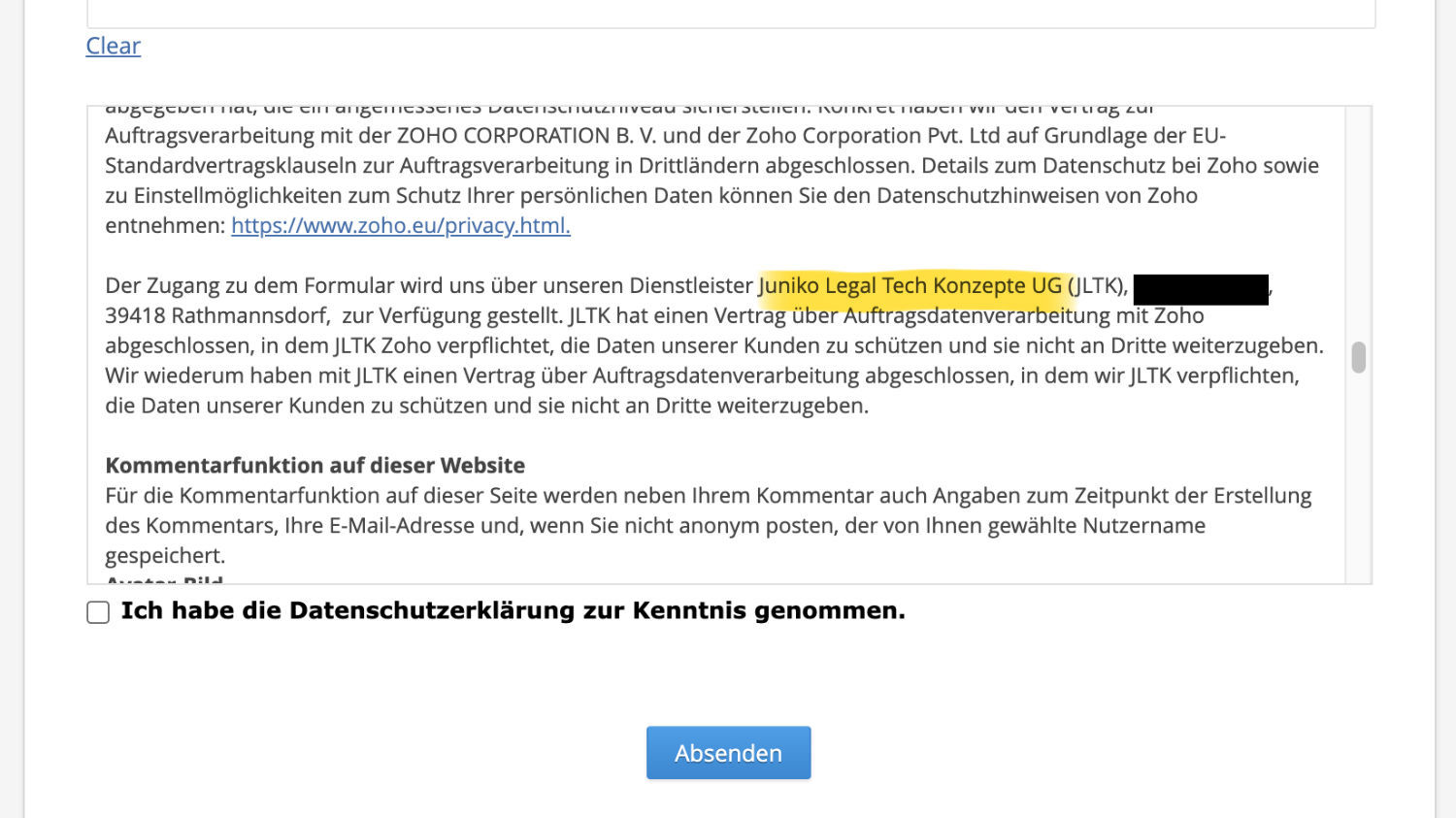 JLTK wird in der Datenschutzerklärung von Klagepaten als Dienstleister genannt